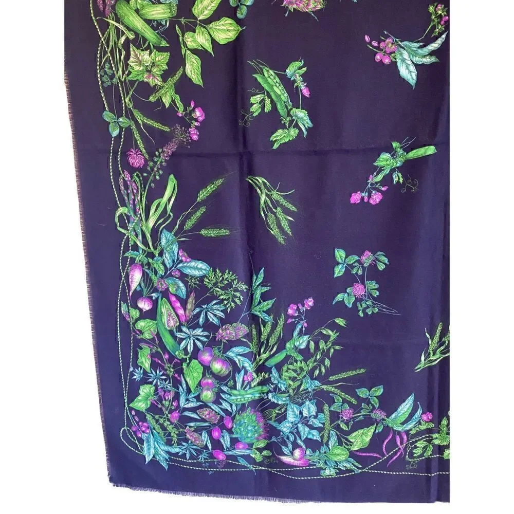 Marco Corsari Dark blue scarf with green and purple vegetables and herbs plants